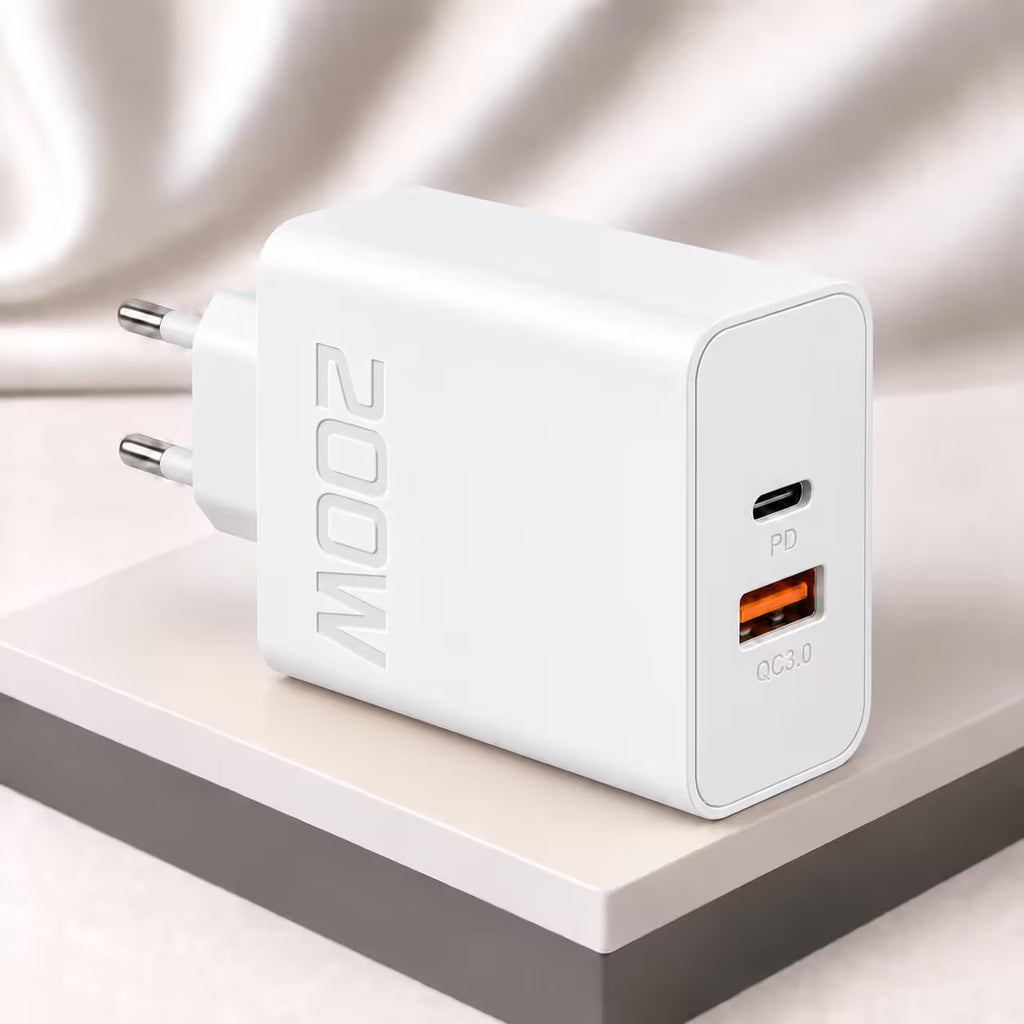 Chargeur Rapide 200W PD & QC + 2 Câbles Tressés USB-C 1 m et 2 m