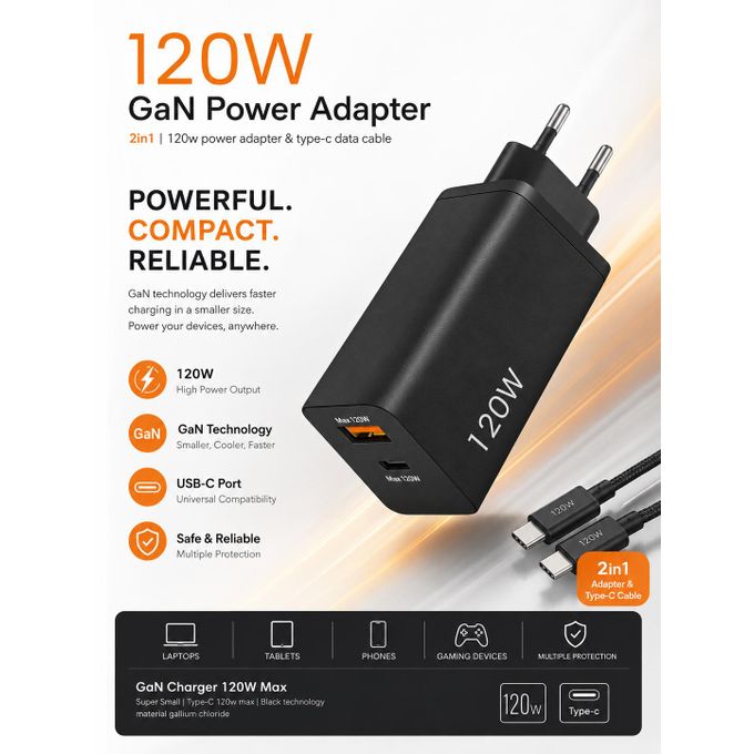 Chargeur Rapide GaN 120W – Double Port USB-A & USB-C