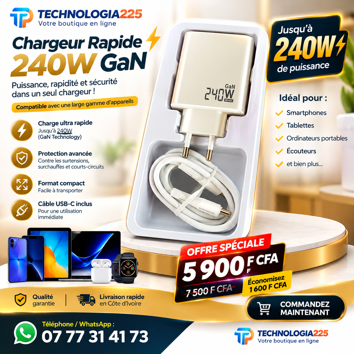 Chargeur à charge Ultrarapide 240 W (smarphone, tablette, oreillettes sans fil, enceinte bluetooth , powerbank)  2 USB 2 Type C -- Chargeur multiports  de MAMAK