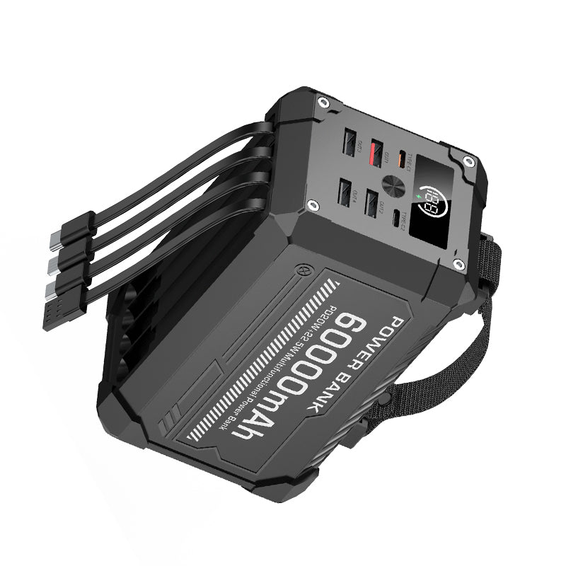 PowerBank haute capacité 60000mAh, charge rapide 22.5W 4 câbles intégrés, lumière LED