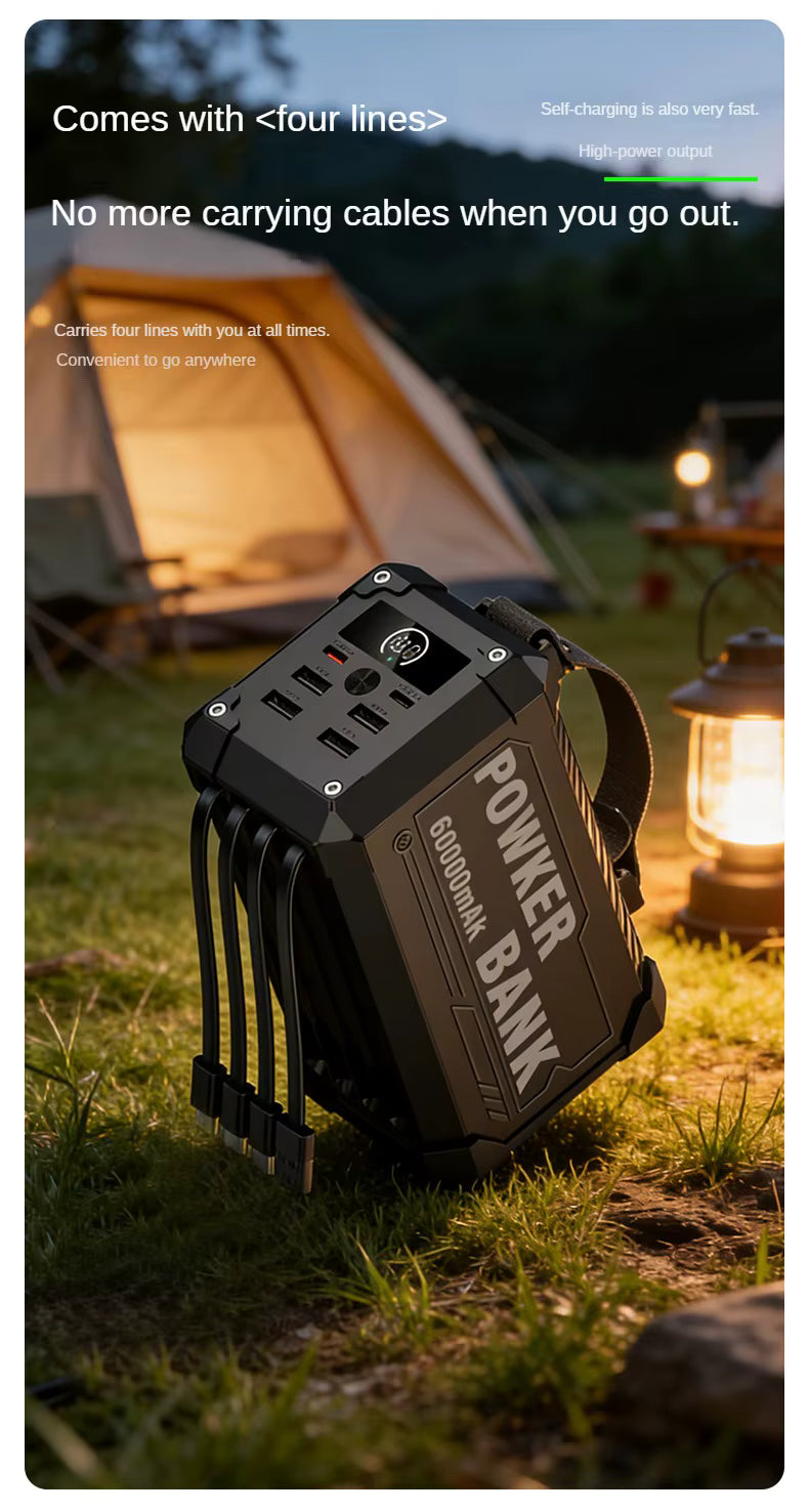 PowerBank haute capacité 60000mAh, charge rapide 22.5W 4 câbles intégrés, lumière LED
