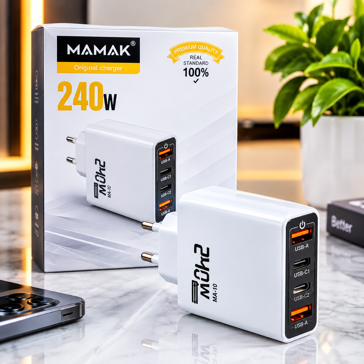 Chargeur à charge Ultrarapide 240 W (smarphone, tablette, oreillettes sans fil, enceinte bluetooth , powerbank)  2 USB 2 Type C -- Chargeur multiports  de MAMAK