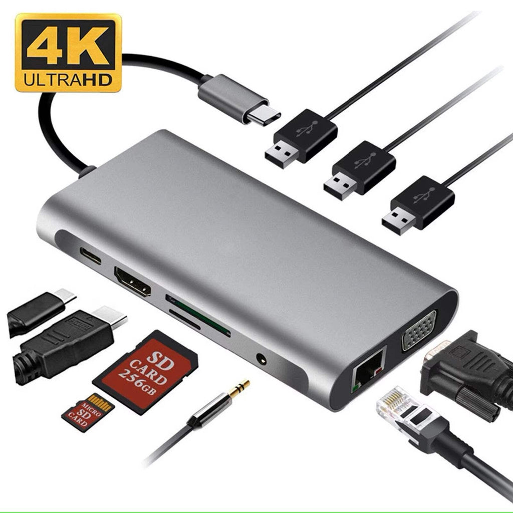 Power Bank USB-C 10-en-1 Multifonction – 4K HDMI, VGA, Gigabit Ethernet &amp; Recharge PD 100W